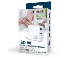 Gembird GaN 2xUSB QC3.0 Type-C 30W LED balta