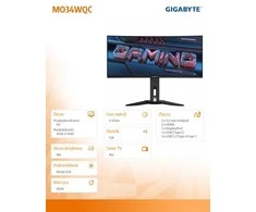 Monitorius Gigabyte | MO34WQC EK1 | 34" | OLED | WQHD | 175 Hz | 0,03 ms | 3440 x 1440 pikselių | 250 cd/m² | HDMI jungčių kiekis: 2