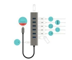 I-TEC USB-C įkrovimo metalinis HUB 7 prievadas be maitinimo adapterio