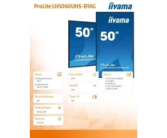 Monitorius „IIYAMA LH5060UHS-B1AG“ 50 colių 3840x2160 UHD IPS panelė „Haze 25perc 500cd/m2“ horizontaliai ir vertikaliai garsiakalbiai 2 x 10 W 3 x HDMI USB 2.0