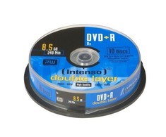 1x10 Intenso DVD+R 8,5GB 8x greitis, dvigubo sluoksnio tortų dėžutė