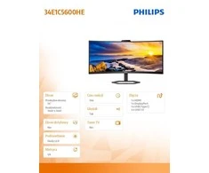 Monitorius Mmd monitoriai Ekranai PHILIPS 34E1C5600HE/00 34 colių 3440x1440 VA lenktas H/A 130 mm ULTRAWIDE USB-C ekranas