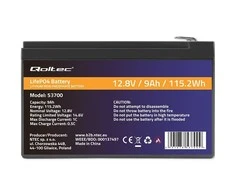 QOLTEC 53701 LiFePO4 ličio geležies fosfato baterija / 12,8V / 12Ah / 153,6Wh / BMS