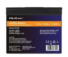 Qoltec Akumuliatorius LiFePO4 Ličio geležies fosfatas | 12,8 V | 100Ah | 1280Wh | BMS