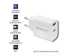 QOLTEC 51714 Įkroviklis 18W 5-12V 1.5-3A USB tipas C PD USB QC 3.0 Baltas