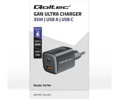 QOLTEC 50764 GaN ULTRA 35W charger / 5-20V / 2.25 3A / 1 x USB type C PD / 1x USB / Juodas