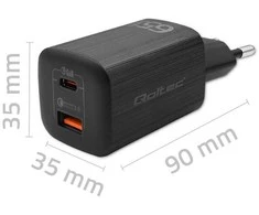 QOLTEC 50766 GaN ULTRA 65W charger / 5-20V / 2.25 3.25A / 1 x USB type C PD / 1x USB / Juodas