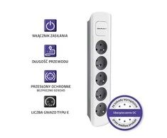 QOLTEC 50296 Power strip 5 sockets 1.8m Baltas pilkas