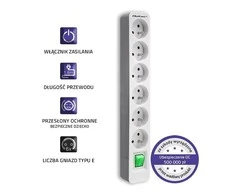 QOLTEC 50292 Maitinimo juosta 6 lizdai 1,8m Baltas-pilkas