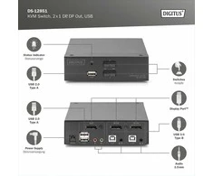 „Digitus Switch“ „Digitus KVM 2x1 DP“ jungiklis, DP išvestis, USB garsiakalbis