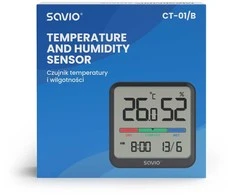 SAVIO belaidė meteorologinė stotelė, temperatūros ir drėgmės jutiklis, skirtas naudoti patalpose, LCD ekranas, laikrodis, data, rankena su magnetu, CT-01/B Juodas