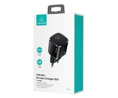 USAMS Tinklo įkroviklis 1xUSB-C T36 mini 20W + kabelis USB-C-Lightning juodos spalvos PD3.0 Fast Charging XFKXLOGTL01 (US-CC124+US-SJ484)