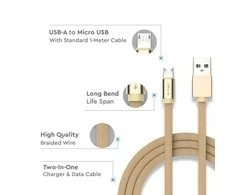 V-tac 1m mikro USB laidas, auksinės spalvos, laido tipas- medvilninis audinys