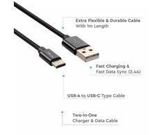 V-tac 1m type-c USB laidas, juodas, laido tipas : pintas.