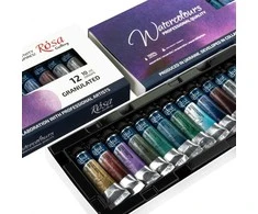 Akvarelinių granuliuojančių dažų rinkinys ROSA Gallery 12x10ml, kartoninėje dėžutėje