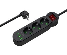 Blow PS-340 3 lizdų maitinimo prailginimo kabelis 2xUSB+USB-C 5m juodas 3x1mm