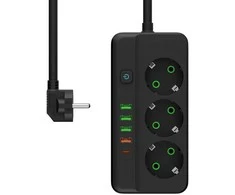 Blow PS-350Z Maitinimo prailginimo kabelis su 3 lizdais, 4xUSB+USB-PD, 3m, juodas, 3x1mm