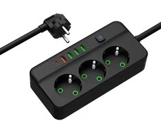Blow PS-350Z Maitinimo prailginimo kabelis su 3 lizdais, 4xUSB+USB-PD, 3m, juodas, 3x1mm
