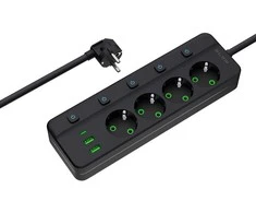 Blow PS-450M maitinimo prailginimo kabelis su 4 lizdais, 2xUSB+USB-C, 3m, juodas, 3x1mm