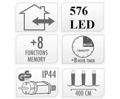 Christmas Decoration KALĖDINĖS LENGVOS GRANDINĖS 576 LED LAIKMATIS COLD Baltas