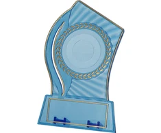 Tryumf Plastikinis trofėjus – skaidrus – auksinis su vieta 50 mm lipdukui ir 65 mm x 23 mm T-M plokštelei