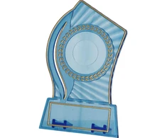 Tryumf Plastikinis trofėjus – skaidrus – auksinis su vieta 25/40 mm lipdukui ir 56 mm x 18 mm plokštei T-M