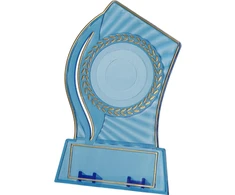 Tryumf Plastikinis trofėjus – skaidrus – auksinis su vieta 50 mm lipdukui ir 65 mm x 23 mm T-M plokštelei