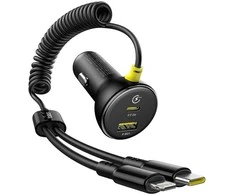 Baseus Circular 60W USB-A + USB-C automobilinis įkroviklis su Built-in Lightning + USB-C Kabelis 1.4m - juodos spalvos
