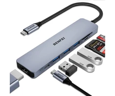 BENFEI adapter hub 7 in 1 USB C to 4K HDMI USB C 100W PD 3x USB A SD Micro SD pilka