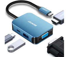 Blue BENFEI adapter hub 4 in 1 USB-C to 4K HDMI USB-C 1x USB A VGA mėlynas