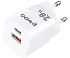 BWOO CDA156 PD sieninis įkroviklis 1x USB-C 1v USB 20W baltas