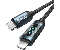 BWOO USB-C - USB-C cable 1m 60W with LED ekranas, braided, juodas