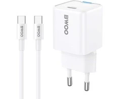 BWOO sieninis įkroviklis GaN 30W USB-C + USB-C - USB-C laidas 60W baltas