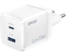 BWOO GaN sieninis įkroviklis CDA224 QC 70W 1 x USB 1 x USB-C, baltas
