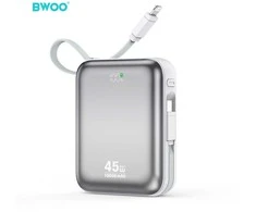 BWOO power bank P77 45W, 10000 mAh with USB-C and Lightning cable, pilkas