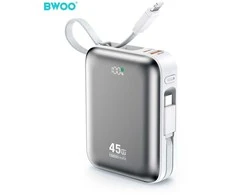 BWOO power bank P77 45W, 10000 mAh with USB-C and Lightning cable, pilkas