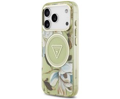 Dėklas Guess IML Glitter Flowers Triangle MagSafe skirtas Apple iPhone 17 Pro Max žalios spalvos