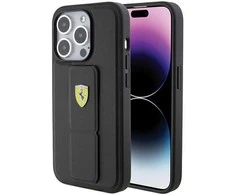 Ferrari FEHCP15XGSPSIK Apple iPhone 15 Pro Max 6.7″ juodos spalvos kietas dėklas Grip Stand Metal Logo