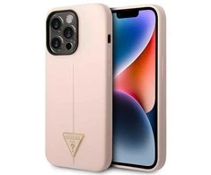 Guess GUHCP14LSLTGP iPhone 14 Pro 6,1 colio eilinis/rožinis kietas dėklas, silikoninis trikampis