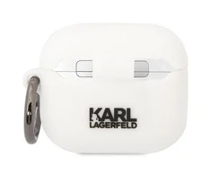 Apple AirPods 3 Karl Lagerfeld silikoninis Karl &amp; Choupette (KLACA3SILKCW) ausinių dėklas baltos spalvos