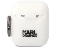 Apple AirPods Karl Lagerfeld silikoninis Karl &amp; Choupette (KLACA2SILKCW) ausinių dėklas baltos spalvos