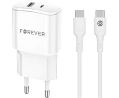 Forever TC-01-20AC PD QC įkroviklis 1x USB-C 1x USB 20W baltos spalvos + USB-C - USB-C kabelis 20W