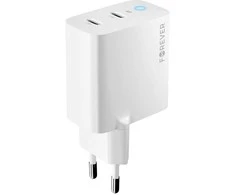 Forever TC-06-65CC GaN PD QC įkroviklis 2x USB-C 65W baltos spalvos