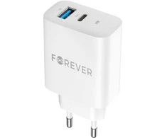 Forever TC-07-30AC PD QC įkroviklis 1x USB-C 1x USB 30W baltos spalvos + USB-C - USB-C kabelis 60W