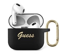 Guess Apsauginis dėklas GUA3SSSK silikoninis Vintage Script, skirtas AirPods 3 juodas