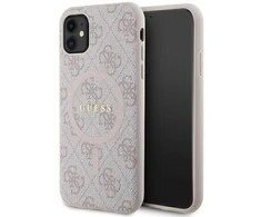 Apple iPhone 11 Guess dėklas 4G Collection odinis Metal Logo MagSafe (GUHMN61G4GFRP) rožinės spalvos