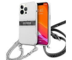 Apple iPhone 13 Mini Guess dėklas 4G Pilkas Strap Sidabrinis Chain (GUHCP13SKC4GBSI) skaidrus