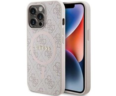 Apple iPhone 13 Pro Max Guess dėklas 4G Collection odinis Metal Logo MagSafe (GUHMP13XG4GFRP) rožinės spalvos