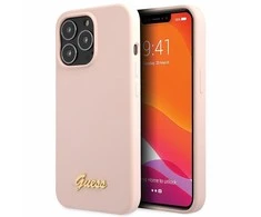 Apple iPhone 13 Pro Max Guess dėklas Silicone Script Gold Logo light rožinės spalvos