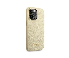 GUESS dėklas skirtas Apple iPhone 14 Pro GUHCP14LHGGSHD (Glitter Flakes Script Metal Logo) aukso spalvos